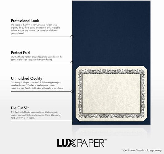 LUXPaper 9.5" x 12" Certificate Holders | Nautical Blue Linen | Embossed Silver Foil Floral Border | 100lb. Cover | 250 Qty