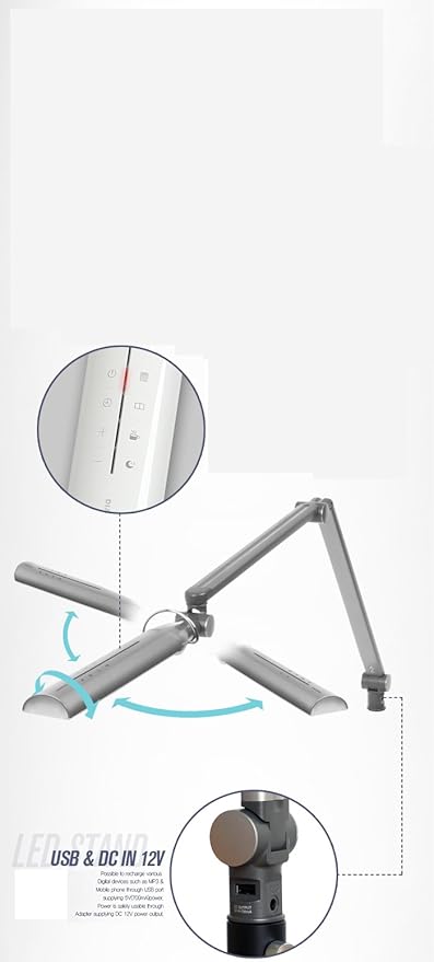 Softech - Natural Ultra Bright Light LED Lamp with swiveling Head & Clamp Type (3 Lighting Modes, 5-Level Dimmer, Touch-Sensitive Control Panel, USB Charging Port, Mobile Device Charger) (White)