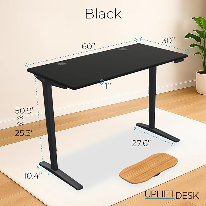UPLIFTDESK V2 2-Leg Black Laminate Wood Standing Desk – Adjustable Height, Advanced 1-Touch Memory Keypad, Under Desk Cable Management, Wire Grommets & Rocker Board (Black C-Frame, 60 x 30 inch)
