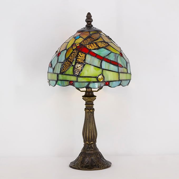 Tiffany Lamp Touch Control Table Lamp Green Red Stained Glass Desk Lamp 8X8X14.5 Inches Dragonfly Style Reading Light