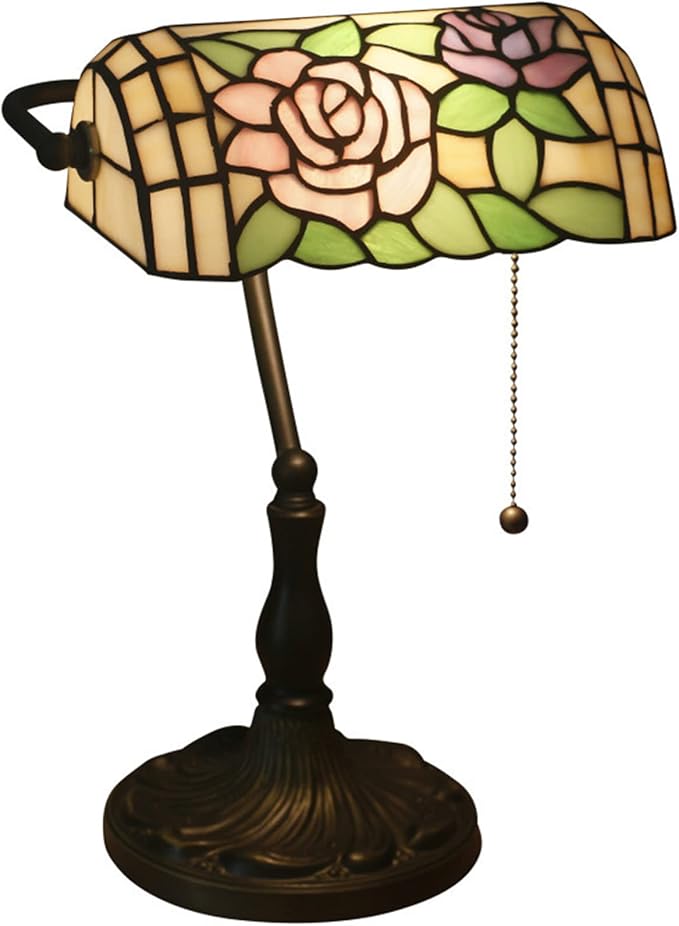 Tiffany Style Pink Rose Stained Glass Banker Desk Lamp, 10.62" W x 15.35" H, E26 Base, LED, 40W Max, Painted Alloy Base, Not Water Resistant
