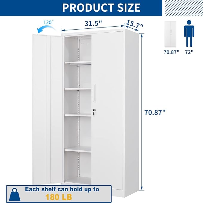 Metal Storage Cabinet-71” Tall Steel File Cabinets with Lockable Doors and Adjustable Shelves-White Steel Storage Cabinet for Home, School, Office, Garage