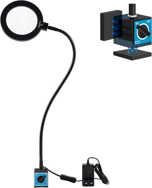 Magnetic Work Light, Led Machine Light with Magnifying Glass, 23.5in Flexible Gooseneck Magnetic Base Lamp for Steel Lathe and Drill Press, 3400Lux 10.5W 110V