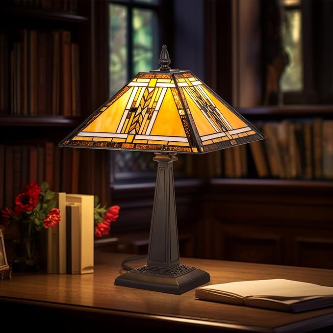 Tiffany Table Lamp,Mission Stained Glass Table Light,Antique Style Medium Size Desk Lamp Vintage Beside Reading Lamp for Living Room Bedroom Office