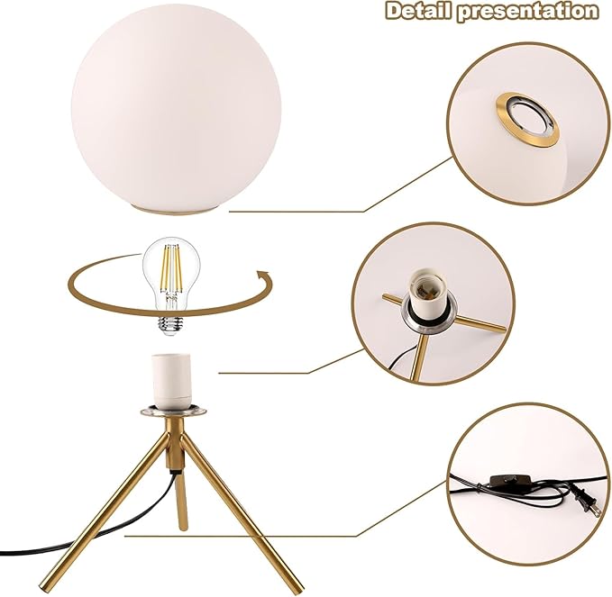 Gold Table Lamp Glass Globe Table Lamp Mid Century Modern Bedside Lamp Small Nightstand Lamp Milk White Desk Lamps for Bedroom, Living Room, Study Room