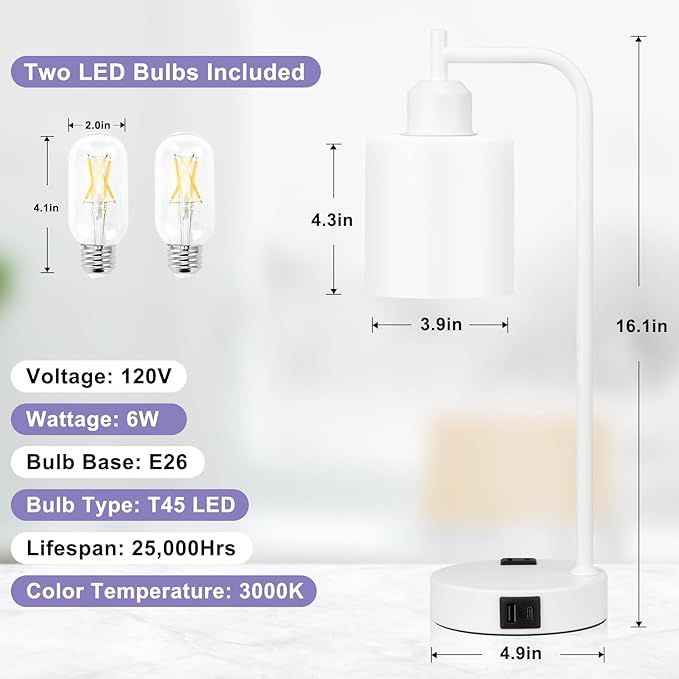Innqoo Industrial White Table Lamps for Bedrooms Set of 2-3-Way Dimmable Desk Lamp with USB C+A Ports and Outlet, White Lamps with Opal Glass Shade for Living Room