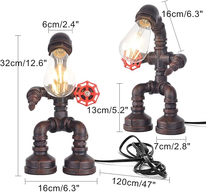Water Pipe Table Lamp Robot Style- Retro Industrial Table Light- Antique Steampunk Metal Desk Lamp Bedside Lighting Fixture for Office, Reading Kids Room, Cafe Bar (Rust-Style A)
