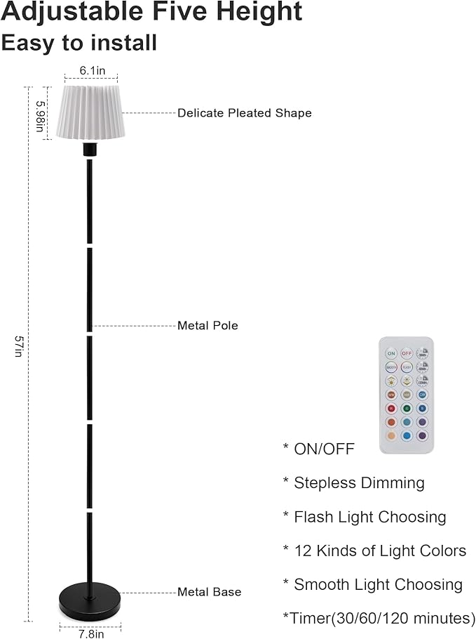 UMEXUS Cordless Rechargeable Floor Lamp for Bedroom, 57" Battery Operated Dimmable Floor Lamp, Small Corner Standing Light with Remote & Timer Portable Bedside Outdoor Patio Kids Room Ambient Lighting