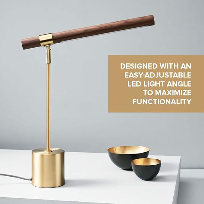 Modern Banker Slim Table Lamp - LED Desk Light - Wood Brass Lamp - Adjustable Table Lamp - Mid Century Desk Lamp for Home, Bedside, Office - Steampunk MCM Mid Modern Century