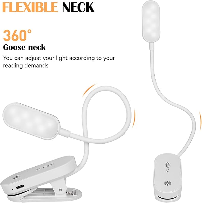 VAVOFO Rechargeable Book Light, 14 LEDs Eye Care Clip On Amber Reading Light for Bookworms Reading in Bed with 9 Colors 9 Brightness (White)