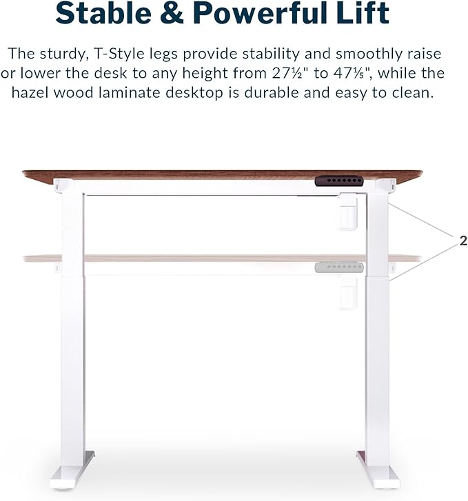 Vari Essential Electric Standing Desk for Home Office – 48x24 Sit-Stand VariDesk, 4 Memory Height Presets, 2-Piece Laminate Wood Top, Sturdy T-Style Legs, Supports 150 Lbs + Easy Assembly (Hazel Wood)