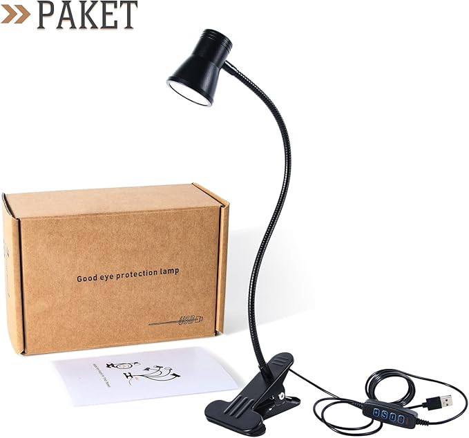 Clip Desk Lamp, USB Reading Light, Flexible Neck Led Clamp Light with 3 Color Temperature Options, 10 Dimmable Brightness Levels for Working, Studying (8W)