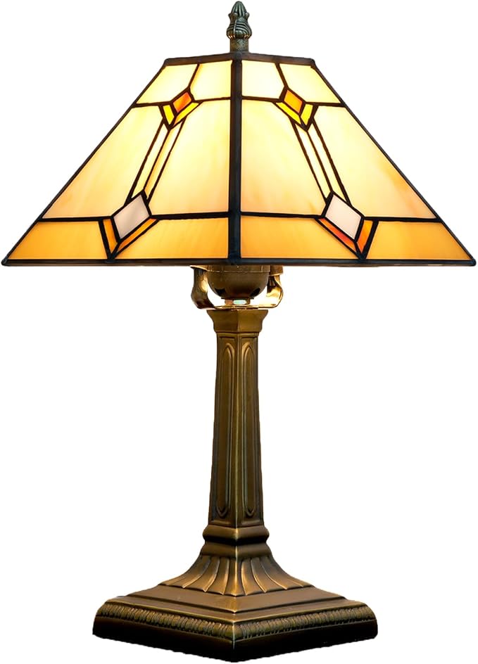 Tiffany Table Lamp Mission Style Stained Glass Table Light Yellow Antique Desk Lamp Vintage Beside Reading Lamp for Home Living Room Bedroom Office