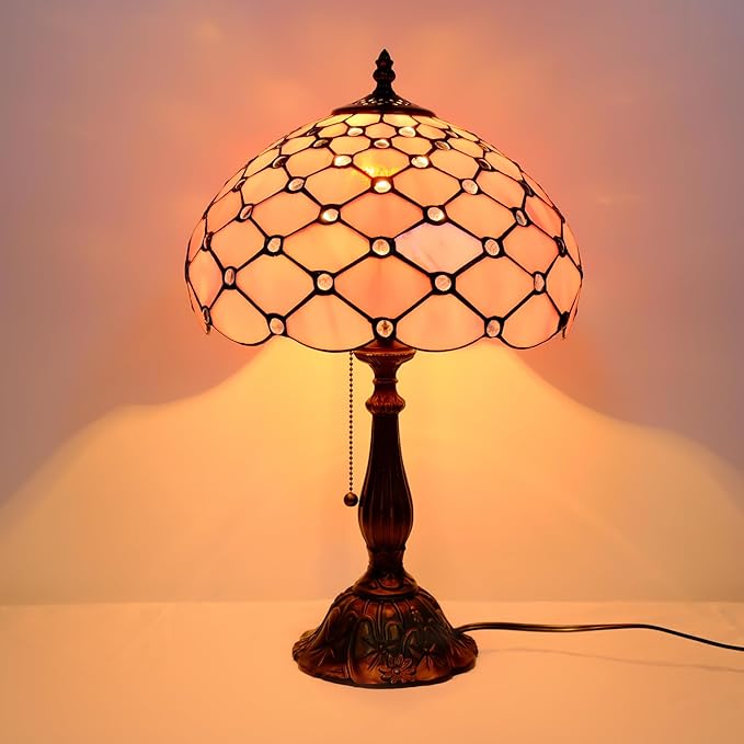 Tiffany Lamp Vintage Pink Stained Glass Bead Table Lamp Desk Bedside Reading Light Decor Bedroom Living Room Home Office D12*H18 Inches