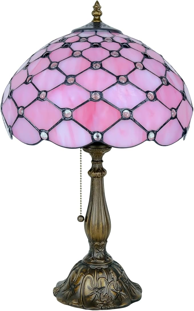 Tiffany Lamp Vintage Pink Stained Glass Bead Table Lamp Desk Bedside Reading Light Decor Bedroom Living Room Home Office D12*H18 Inches
