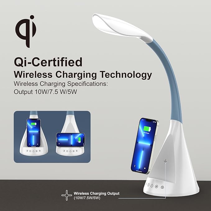 LED Desk Lamp with Wireless Charger, Modern Eye-Caring Dimmable Light for Home Office & College Dorm with 3 Color Modes, 5 Brightness, Touch Control, Adjustable Gooseneck, RGB & Night Light, White