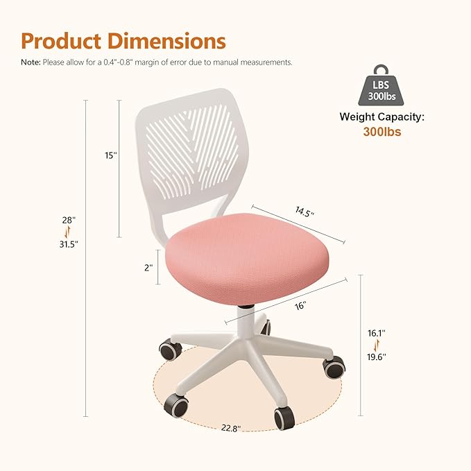 Armless Desk Chair, Height Adjustable Swivel Office Rolling Task Chairs with Soft Mesh Padded Cushion, Ergonomic Small Study Computer Chair for Girls Boys Teens (Pink, 4PCS)