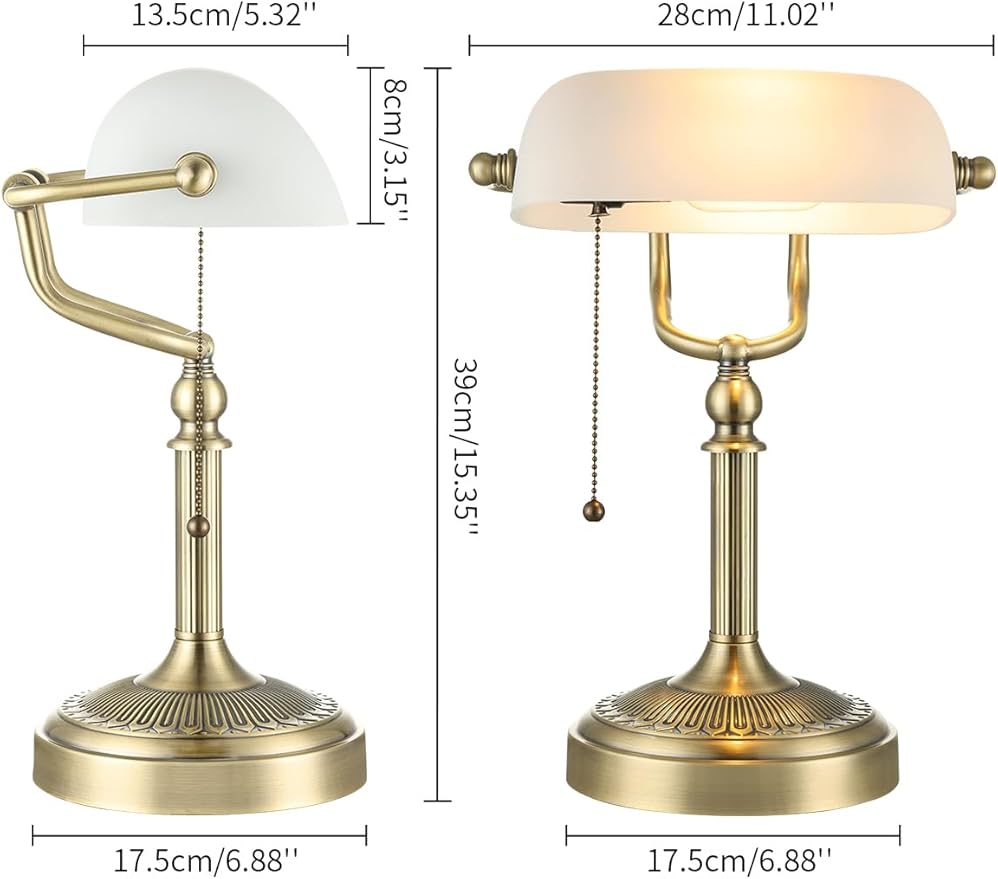 Newrays Glass Bankers Desk Lamp with Pull Chain Switch Plug in Fixture (Matted White +Green Bronze Base, Classic)