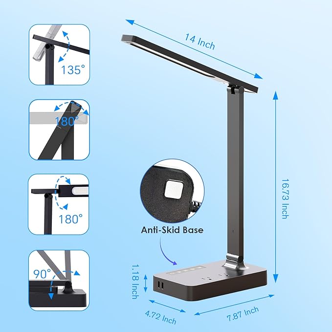 Power Strip with LED Desk Lamp, 2 Outlets 1 USB-A Ports 1 Type-C Ports, Small Desk Lamp for Home Office with Surge Protection, 5ft Extension Cord, 5 Color Modes 5 Brightness, Dorm Room Essentials