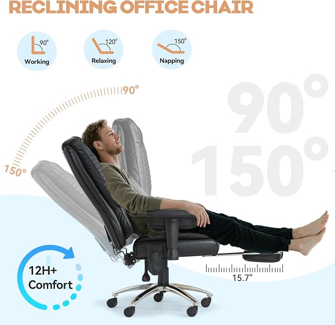 Massage & Heated Office Chair with Foot Rest, Ergonomic Executive Office Chair with Reclining Backrest, Adjustable Arms and Lumbar Support, High Back Leather Desk Chairs for Home Office, Black