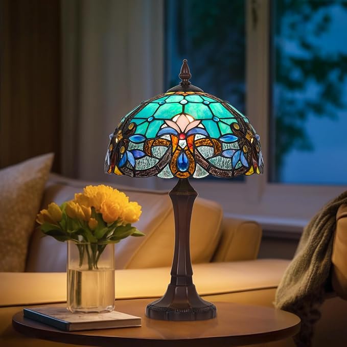 Tiffany Table Lamp,Green Stained Glass Table Light,Antique Style Medium Size Desk Lamp Vintage Bedside Reading Lamp for Living Room Bedroom Office