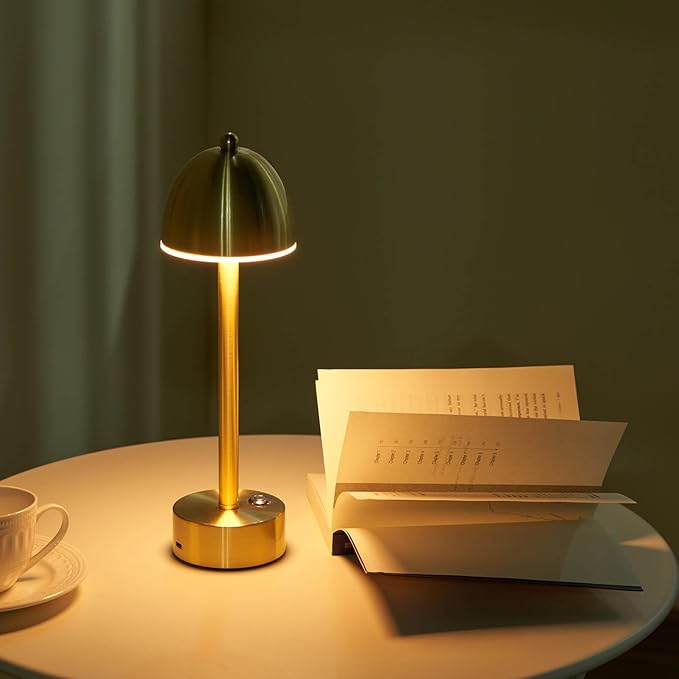 UMEXUS Rechargeable Cordless Mushroom Lamp Set of 2, Touch Dimmable, 5200mAh Small Battery Operated Lamp for Restaurant Bar Cocktail Table, Outdoor Patio Lights, Gold Brass