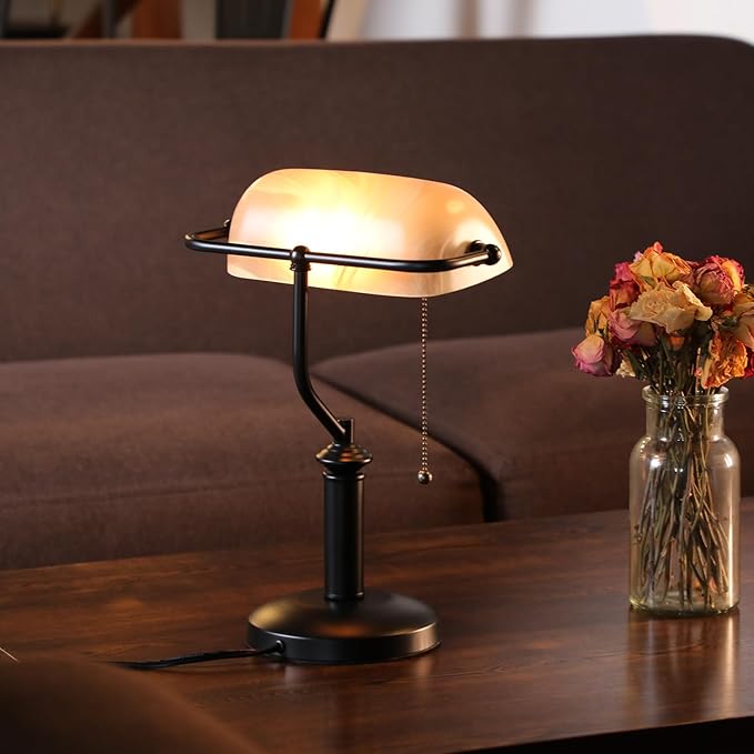TORCHSTAR Pale Yellow Glass Bankers Desk Lamp, UL Listed, Antique Desk Lamps with Uniquely Textured, Traditional Library Lamp with Pull Chain, E26 Base, Desk Lamp for Office, Study Room