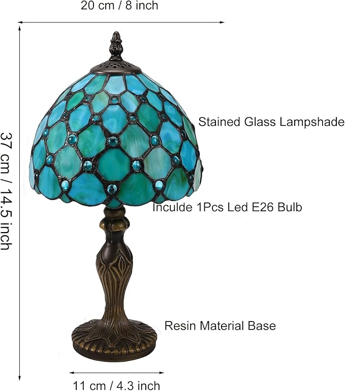 Tiffany Style Small Table Lamp,Green Beads Stained Glass 3 Color Temperature Antique Table Lamps,Bedside Nightstand Lamp for Bedroom,Living Room,Home Office, Include LED Bulb,8X8X15Inch