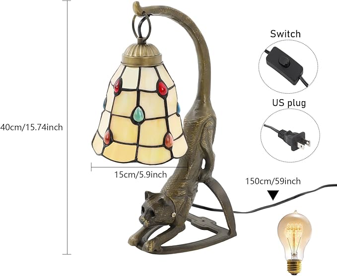 Tiffany Style Table Lamp, Stained Glass Bedside Nightstand Lamps with Cat Base, Vintage Antique Small Desk Light for Bedroom Living Room Home Office Reading Decoration, 5.9x15.74in (Style 2)