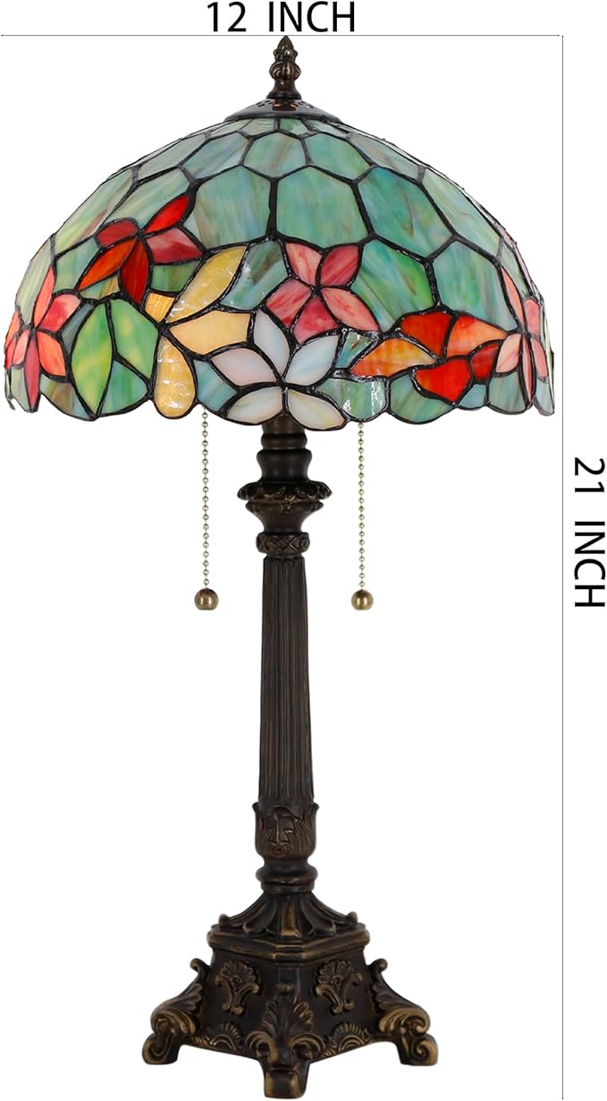 Tiffany Table Lamp Red Yellow Green Flowers Stained Glass Desk Lamp 12X12X21 Inches Reading Light