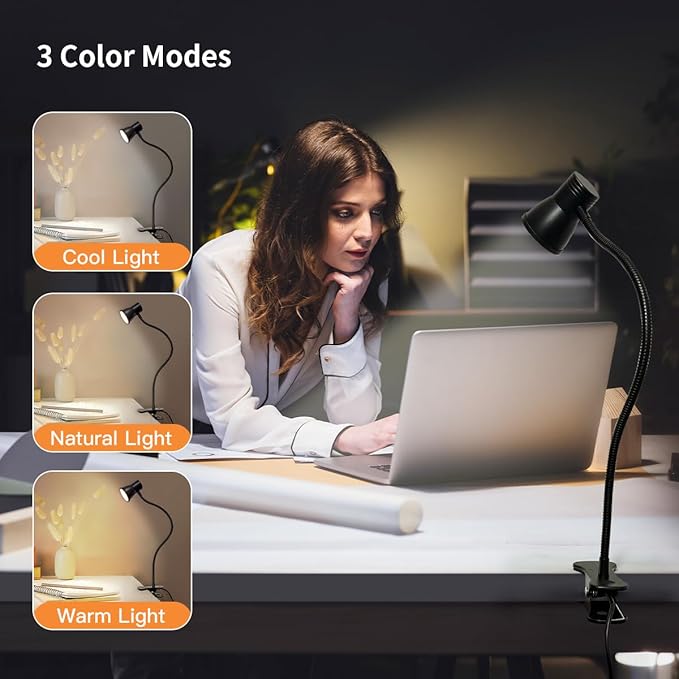 LUJOLUMIN Clip Desk Lamp, USB Reading Light, Flexible Neck Led Clamp Light with 3 Color Temperature Options, 10 Dimmable Brightness Levels for Working, Studying (8W)