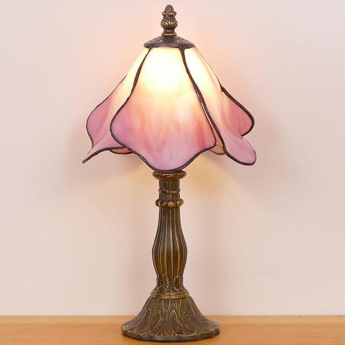 Small Tiffany Lamp Mini Stained Glass Table Lamp Bedside Accent Lamp Memory Sympathy 8X14.5 Inch (Pink)