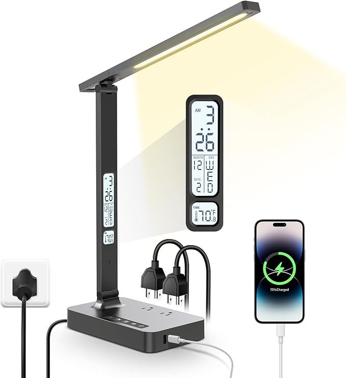 Power Strip with LED Desk Lamp, 2 Outlets 1 USB-A Ports 1 Type-C Ports, Small Desk Lamp with Surge Protection and Led Display, 5ft Extension Cord, 5 Color Modes 5 Brightness, Dorm Room Essentials