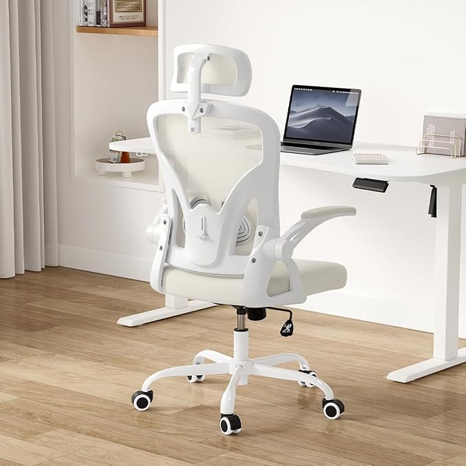 Farini Ergonomic Office Chair, Home Office Desk Chair with Headrest, High Back Computer Chair with Armrests and Adjustable Lumbar Support for Home Office Study Room, White & Beige