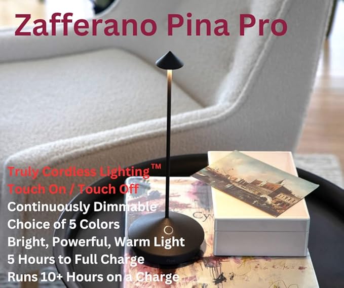 Zafferano Pina Pro Cordless LED Table Lamp (Rust) in Powder-Coated Aluminum, Touch Dimmable, Indoor Outdoor Use, Contact Charging Base, USA Plug