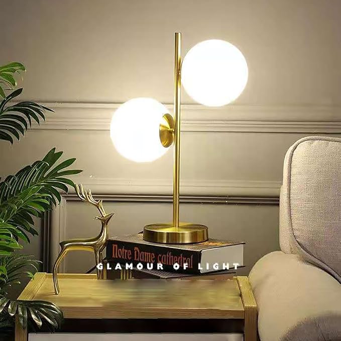 Mid Century Table Lamp Modern 2 Glass Globe Table Lamp Gold Desk Lamp Retro with White Frosted Glass Shade Adjustable Brightness Desk Lamp for Bedrooms Living Room Study Library