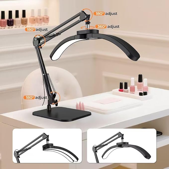 Half Moon Lamp for Nail Desk, 22W LED Lash Light with Adjustable Arm, Desk Clamp & Base, Foldable Nail Tech Lamp for Manicure, Eyelash Extensions, Beauty, Tattoo, Esthetician