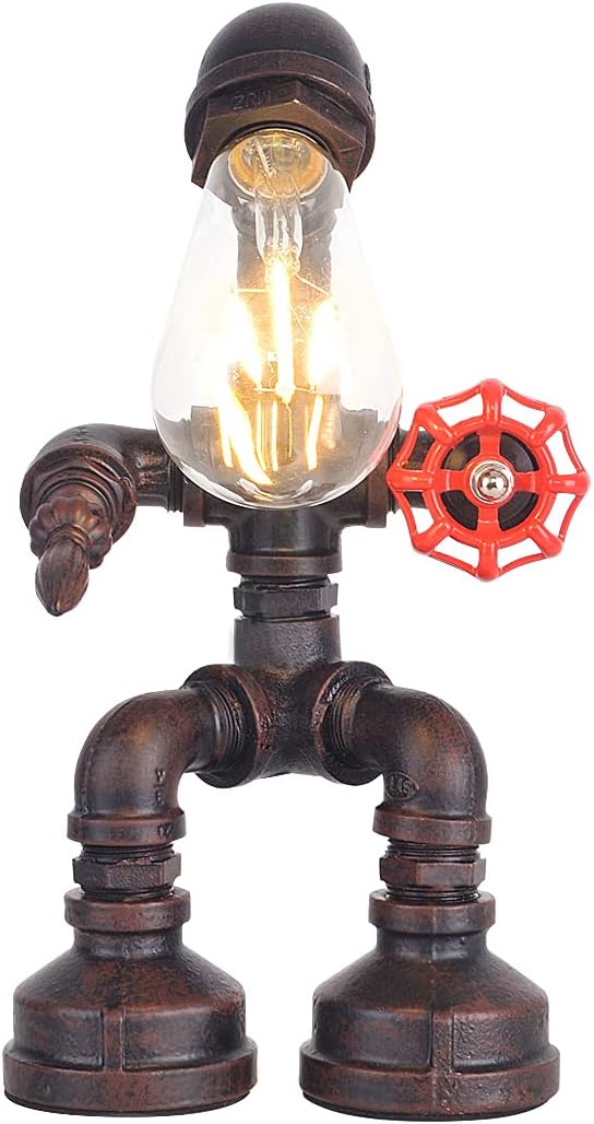 Water Pipe Table Lamp Robot Style- Retro Industrial Table Light- Antique Steampunk Metal Desk Lamp Bedside Lighting Fixture for Office, Reading Kids Room, Cafe Bar (Rust-Style A)