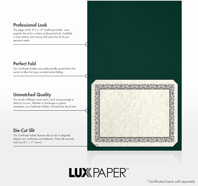 LUXPaper 9.5" x 12" Certificate Holders | Green Linen | 100lb. Cover | 250 Qty