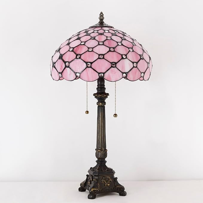 Tiffany Table Lamp Pink Bead Style Stained Glass Desk Lamp 12X12X21 Inches Reading Light