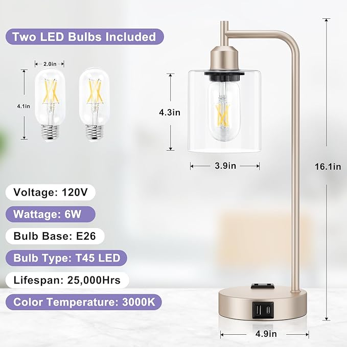 Industrial Touch Table Lamps for Bedrooms Set of 2 - 3-Way Dimmable Lamps with USB C+A Ports and Outlet, Champagne Gold Bedside Lamps with Clear Glass Shade for Living Room, Desk Lamps for Home Office