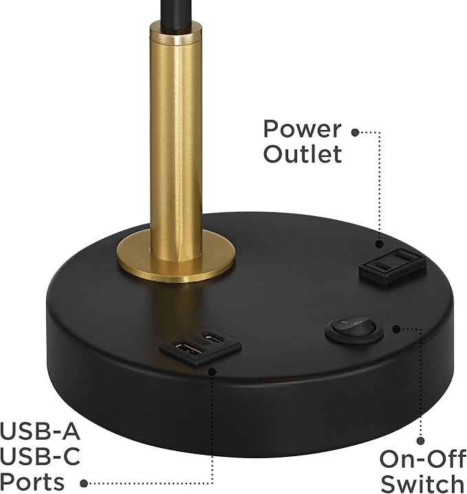 Possini Euro Design Keller 24" High Small Modern Desk Lamp USB Port AC Power Outlet Black Gold Brass Finish Metal Single Shade Home Office Living Room Charging Bedroom Bedside Nightstand House