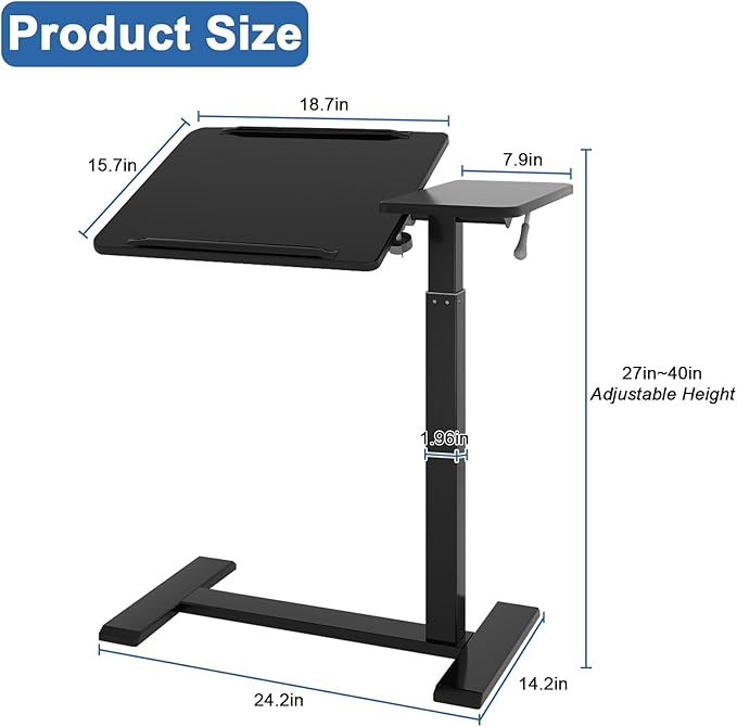 PUNCIA Height Adjustable Overbed Table with Pneumatic Lift and Wheels Split Top Tilting Tray and Rolling Laptop Desk – Bedside Cart for Reading Computer Work Study in Bedroom and Home Office
