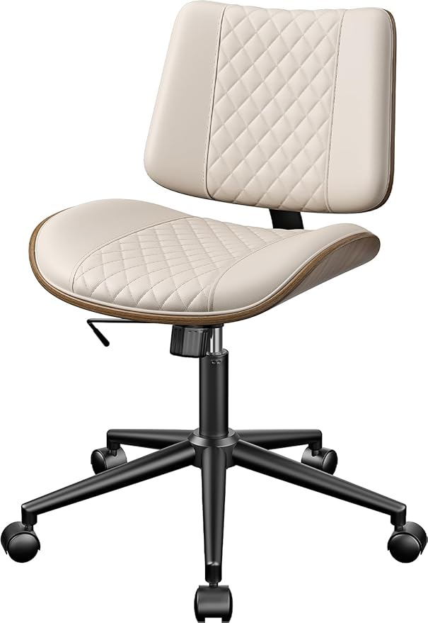 Home Office Chair with Wheels, Armless Office Desk Chair Adjustable Height, Swivel Rolling Modern Walnut Mid Back Computer Task Chair for Home Office, Small Space, Beige, Lozenge Pattern