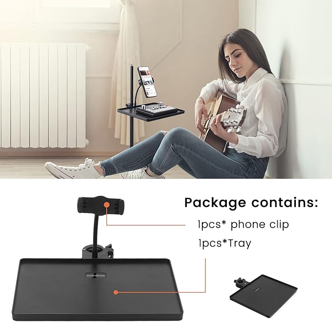 Phone holder Microphone Stand Tray, Clamp-On Rack Tray,Cell Phone Stand for Music Sheet,Compatible with Most Microphones Stands for Live Streaming,Karaoke, Recording