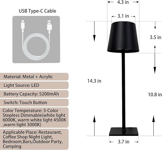MIOBLUE 2 Pack Cordless Table Lamp,Portable LED Desk Lamp, 5200mAh Battery Operated, 3 Color Dimmable Table Light for Restaurant,Coffee Shop Night Light,Bedroom,Bars,Outdoor Party,Camping