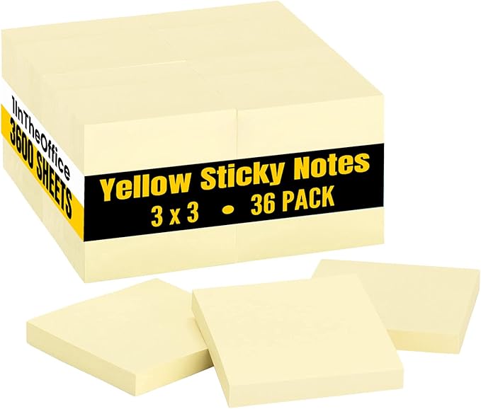 1InTheOffice Yellow Sticky Notes, 3" x 3" Yellow self Stick Sticky Notes 36/Pack of 100= 3600 Notes Pads (36)