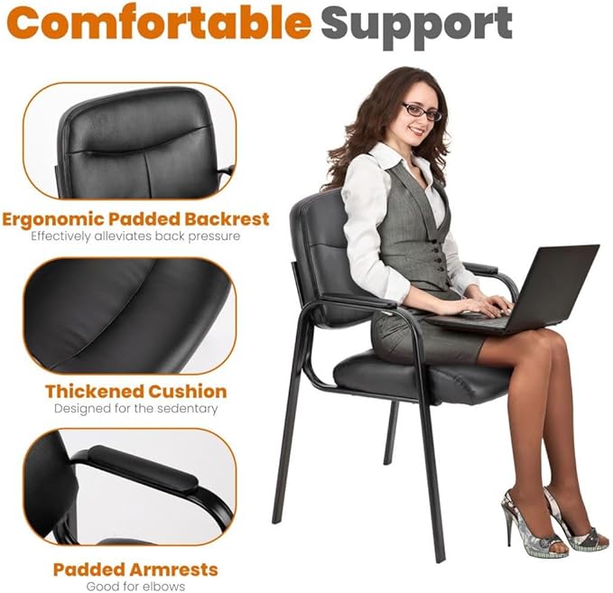 Reception Chairs, Leather Conference Room with Padded Arms and No Wheels for Professional Office Meeting Spaces and Guest Seating,Black-1 Pack