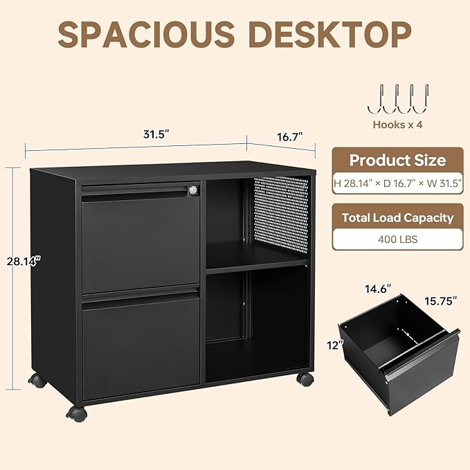 Mobile File Cabinet, 2 Drawer Lateral Filing Cabinet with Lock, Open Storage Cabinet with Adjustable Shelves Fits Letter, A4, Legal Size for Home Office Organization, Black