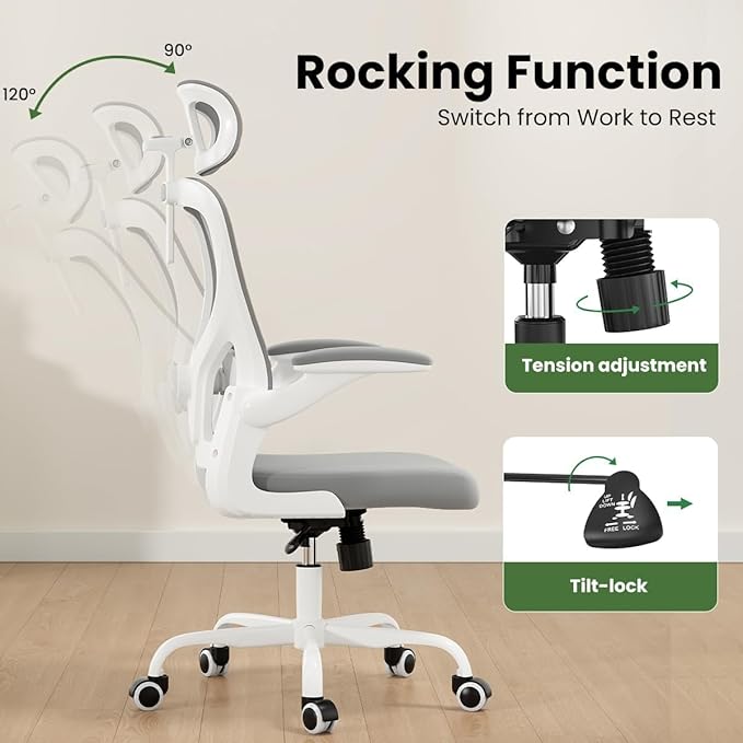 Soohow Ergonomic Office Chair, Office Mesh Desk Chair with Adjustable Lumbar Support Armrests, Comfy Computer Desk Chair with Headrest, for Home and Office, White & Grey